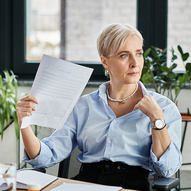 Midaldrende kvinde sidder på et kontor og døjer med hedeture.
