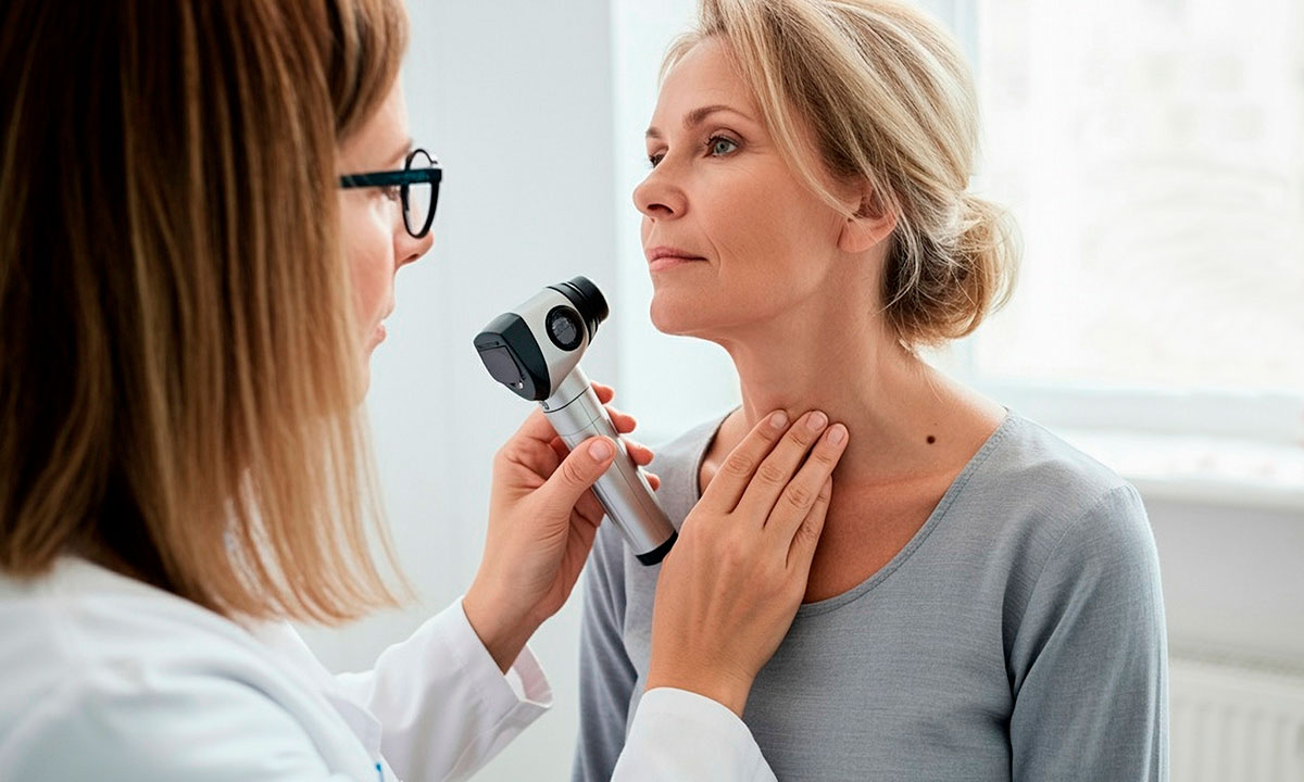 Hudlæge screener for modermærkekræft på halsen af en kvinde.