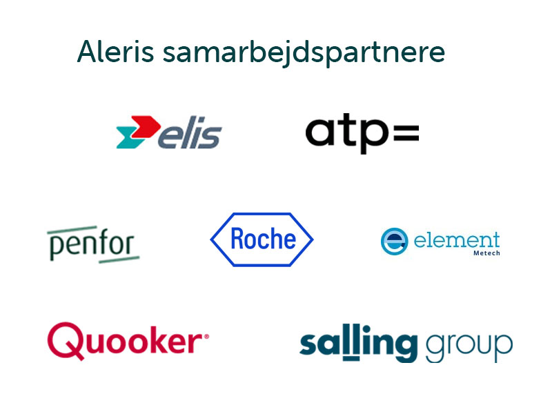 Aleris samarbejdspartnere: ATP logo, Elis logo, Roche logo, Salling Group logo. Element logo, Penfor logo og Quooker logo.