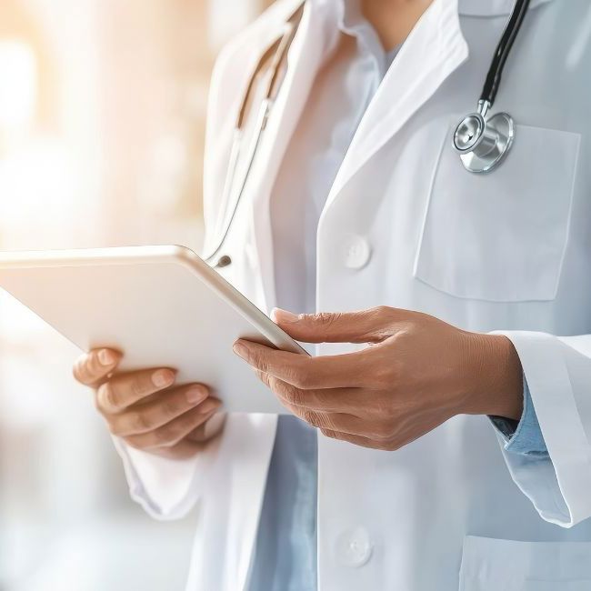 En læge står med en patientplan på et af Aleris hospitaler.