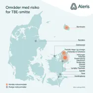 Danmarkskort over områder med risiko for TBE-smitte i 2025.
